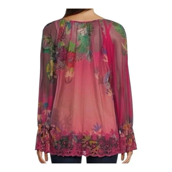 JOHNNY WAS Mazzy Floral Print Embroidered Mesh Large Split V-Neck Peasant Blouse - Picture 2 of 13